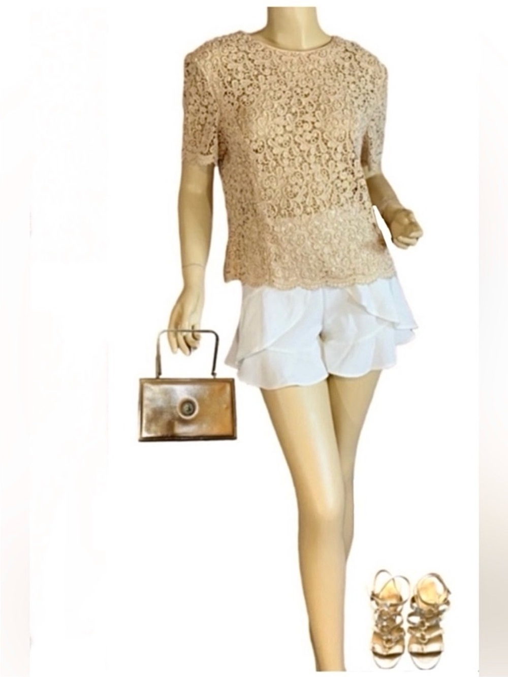 VINTAGE 1990'S TALBOT'S BEIGE AND GOLD LACE CROCHET BACK BUTTON BLOUSE (10)